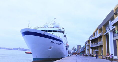 A cruise ship named World Odyssey at the port of Mombasa on January 2023