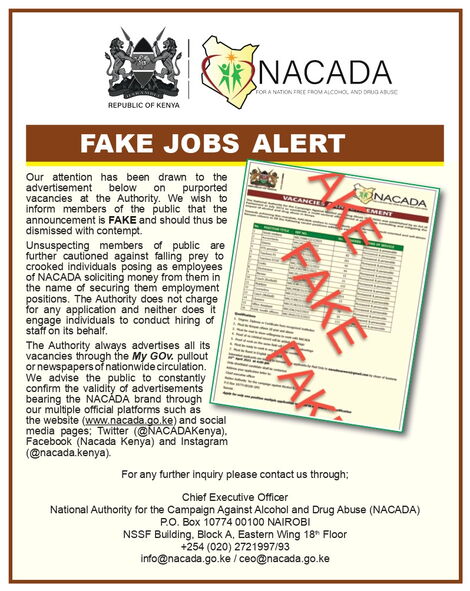 A fake job advert flagged by NACADA on Tuesday March 14, 2023