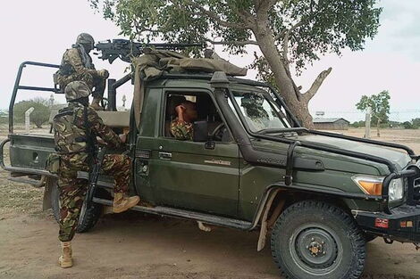 A file photo of KDF soldiers during a patrol in Kotile town on the Garissa-Lamu-Somalia border, as part of the Linda Boni operation aimed at flushing out Al-Shabaab terrorists. 