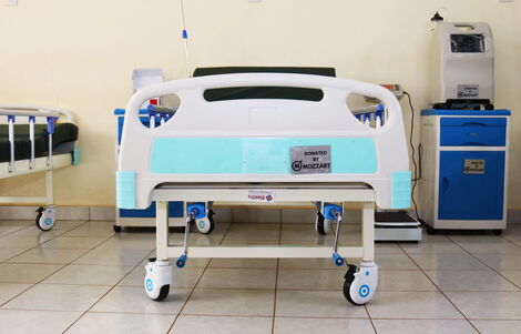A hospital bed at Waithaka Health Center in Nairobi.