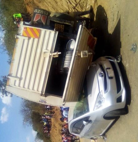 A lorry rams onto a personal vehicle in Kambiti area along the Nairobi-Meru highway on August 18, 2022.