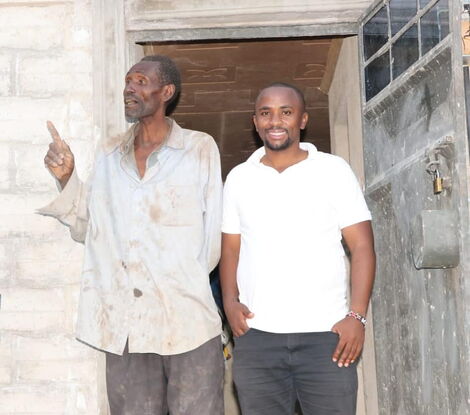 A man from Murang'a County surprised with a new home (left) by Kameme Tv Show Host Ngugi Wa Karanja in February 2023.
