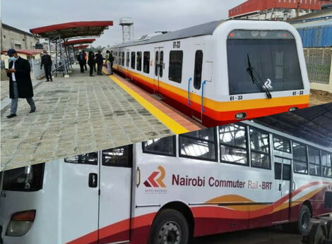 A montage showing the new Nairobi commuter train and the Bus Rapid Transport vehicles.