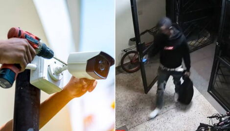 A person fixing CCTV cameras (left) and the suspect captured on CCTV accessing an apartment in Kileleshwa.