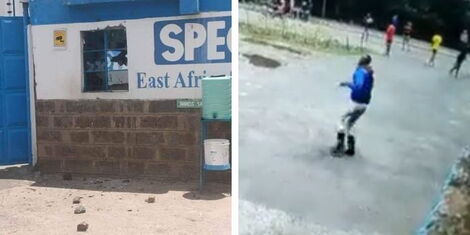 A photo collage of the East Africa Spectre main gate and a man pelting stones at the building on Monday, March 27, 2023.