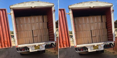 A photo collage of the impounded lorry armed robbers used to steal goods worth Ksh9.5 million from a godown in Embakasioods from a 