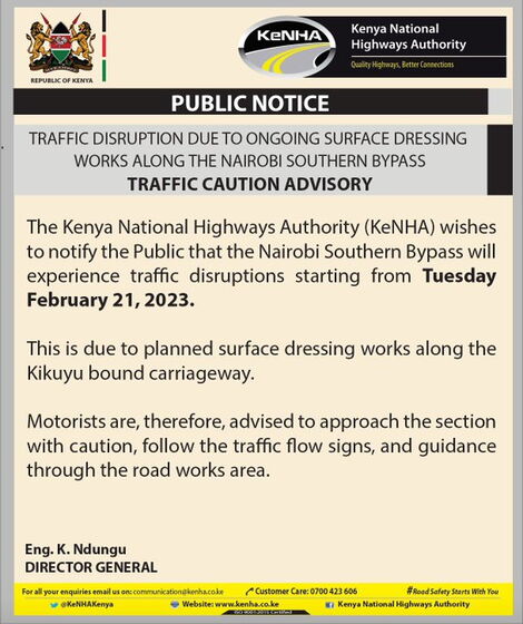 A photo of the traffic advisory issued by KeNHA on February 21, 2023