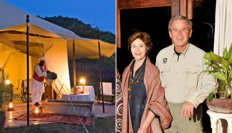 A photo taken during Micato Safaris trip (left) and former US President George Bush with his family on the trip.