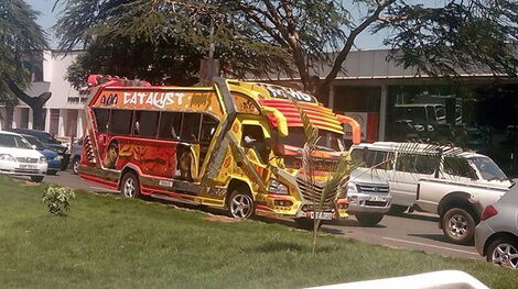 A pimped matatu on a highway in Kenya.