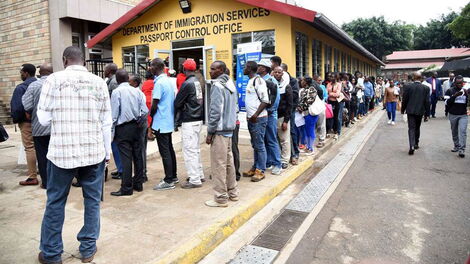 A queue at the Department of Immigration Services Passport control office at Nyayo House in Nairobi for application and renewal of Passports in this photo taken on May 21, 2018