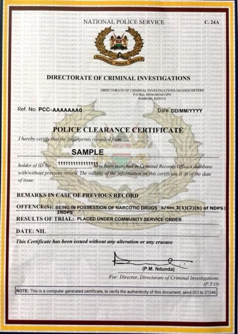 A sample of a Police Clearance Certificate (Certificate of Good Conduct)