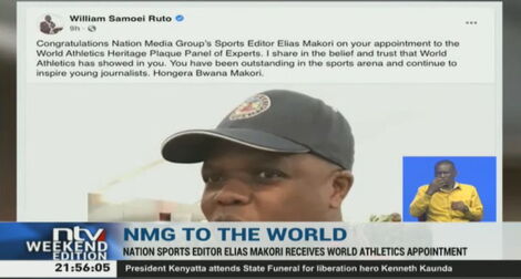 Ascreengran of NTV's 9pm news showing President William Ruto's congratulatory message to Elias Makori in 2021