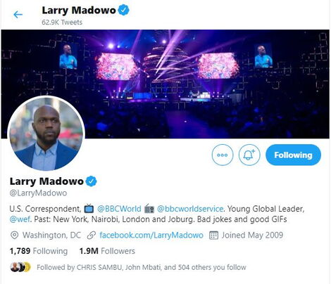 A screenshot of Larry Madowo's Twitter profile.