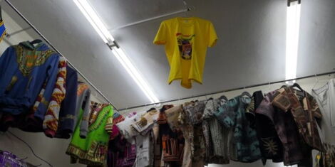A section of Bernard Wanjiku's shop showing the ankara outfits he sells