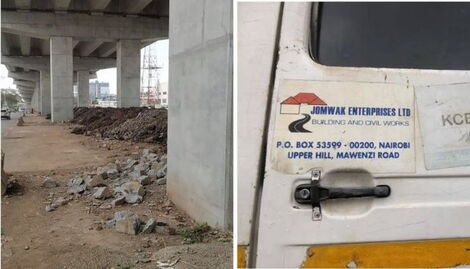 A side by side collage of trash under Nairobi Expressway (left) and a vehicle bearing Jomwak Enterprise sticker.