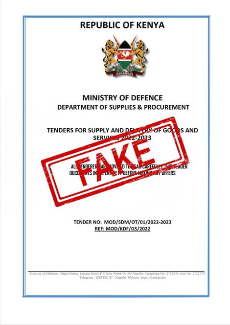 A tender notice flagged fake by the Kenya Defence Forces on Wednesday, December 7, 2022
