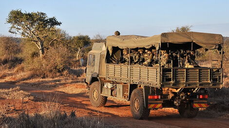 A truck carrying British soldiers during training at Nanyuki.