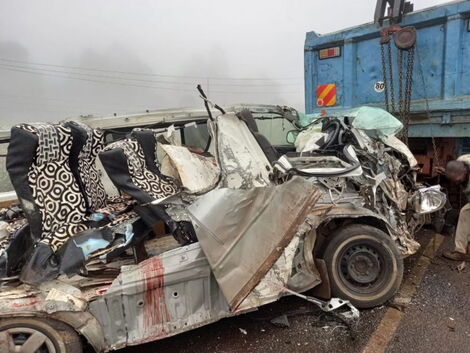 A wreckage of a 14-seater matatu that was involved in an accident along the Nairobi – Nakuru highway on Thursday, July 8