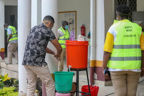 Mvita MP Abdulswamad Shariff Nassir washes his hands at the Kenya Medical Training College (KMTC) in Mombasa during the launch of a sensitization campaign on April 28, 2020