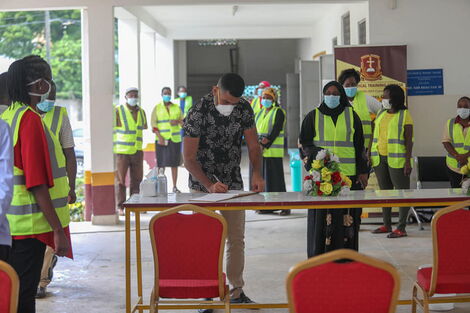 Mvita MP Abdulswamad Shariff Nassir pictured at the Kenya Medical Training College (KMTC) in Mombasa during the launch of a sensitization campaign on April 28, 2020