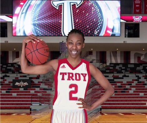 Adhiambo Koranga poses in her new Troy Women's University kit on April 8, 2020.