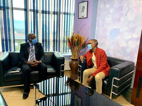 Pathologists Lancet Kenya (PLK) CEO Ahmed Yakub Kalebi (right) and Osborne Embiruka Nelson Nyandiva on Tuesday, April 21, 2020.