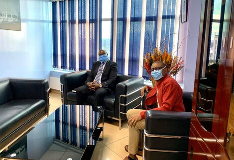 Pathologists Lancet Kenya (PLK) CEO Ahmed Yakub Kalebi (right) and Osborne Embiruka Nelson Nyandiva on Wednesday, April 21, 2020.