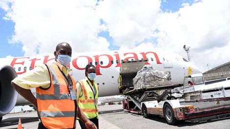 Airport staff at JKIA receive medical equipment donated by Jack Ma and Alibaba foundations on March 24, 2020