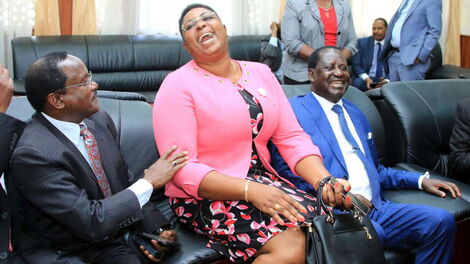 Malindi MP Aisha Jumwa together with Wiper leader Kalonzo Musyoka and Raila Odinga