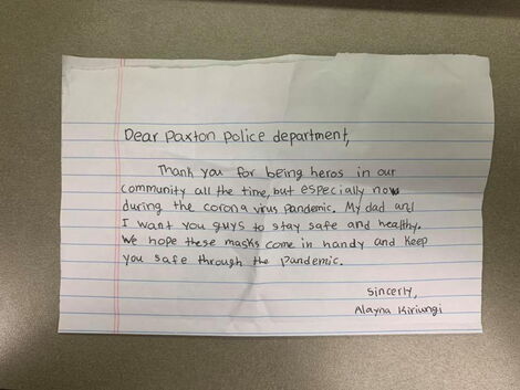 Alayna Kiriungi's letter that was written out to the police officers stationed at the Paxton Police Department, April 23, 2020.