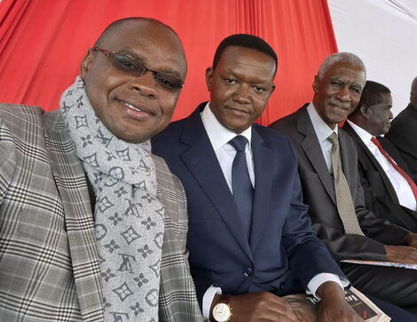 Kilifi Governor Amason Kingi and Alfred Mutua of Machakos during the funeral service of the late president Mwai Kibaki on Friday, April 29, 2022.