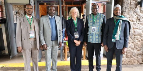 U.S Ambassador Meg Whitman with IEBC Commissioners Wafula Chebukati, Prof Abdi Guliye and Justus Nyang'aya at the Bomas of Kenya National Tallying Centre on August 11, 2022.