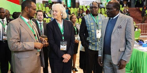 U.S Ambassador Meg Whitman with IEBC Commissioners Wafula Chebukati, Prof Abdi Guliye and ex-commissioner Justus Nyang'aya at the Bomas of Kenya National Tallying Centre on August 11, 2022.