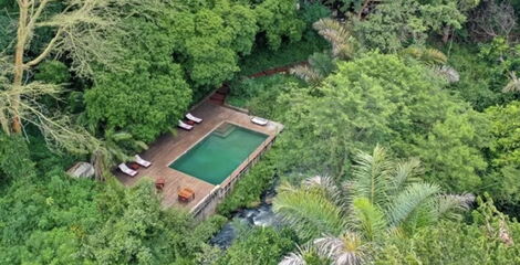 An aerial view of the swimming pool at the Rhino River Camp in Meru County