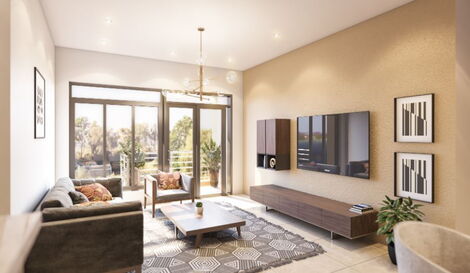 An artistic impression of a living room at the Kitisuru Amani Gardens housing project.