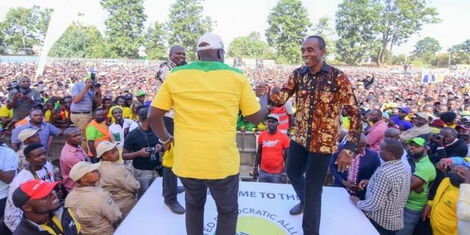 An image of Deputy President William Ruto and Kiambu Senator Kimani Wamatangi at the Thika Stadium on Sunday, March 13..jpg