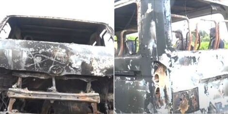 An image of the 14-seater matatu that caught fire along the Kisii-Kilgoris Highway on Monday, May 30, 2022. (1).jpg