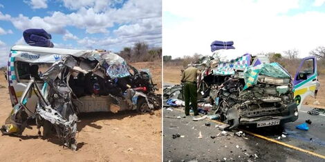 An image of the 16-seater vehicle that was involved in a head-on collisison along the Nairobi-Mombasa highway on Sunday, Septemeber 25, 2022