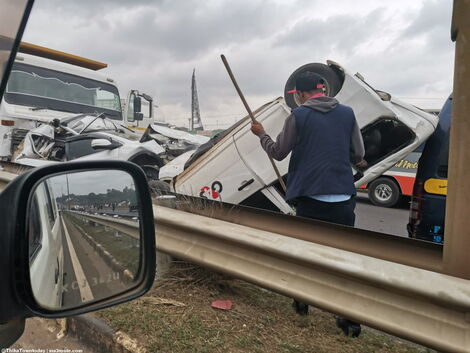An image of the three vehicles involved in a road accident at Githurai Flyover, Thika Road on Thursday July 15, 2021.