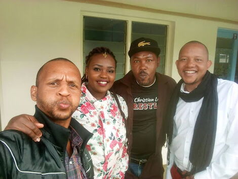 An undated photo of Tahidi High actors TK Kitana (left), Joseph Kinuthia (second right) and Denis Mugo (right)