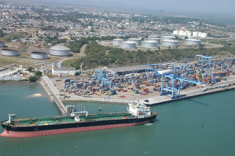 An oil tanker discharges fuel at the Kipevu terminal in Mombasa port.
