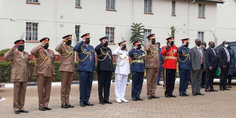 Army chiefs salute President Uhuru Kenyatta at Lang'ata Barracks in Nairobi County on Friday, July 29, 2022.