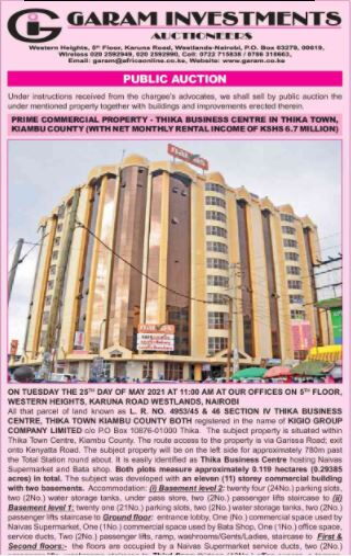 A notice of auction by Garam Investments Auctioneers on Monday, May 10. 2021.