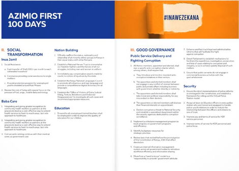 Former Prime Minister Raila Odinga first 100 days pledges.