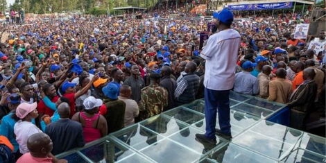 Azimio One Kenya running mate Martha Karua addresses the rally as DP William Ruto watches the National Prayer Breakfast on Thursday, May 26, 2022 