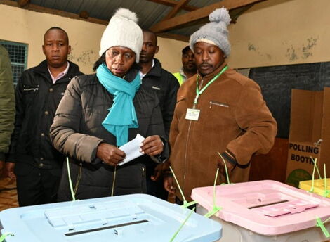 Azimio Running mate Martha Karua casts her vote at Mugumo Primary School in Gichugu constituency.