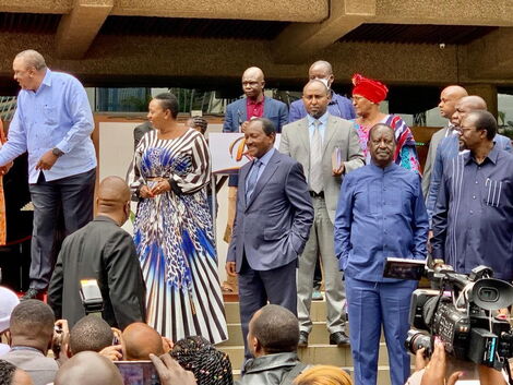 President Uhuru Kenyatta, ODM leader Raila Odinga, and Wiper Party leader Kalonzo Musyoka during the Azimio La Umoja Council meeting at KICC on Thursday, April 21, 2022.