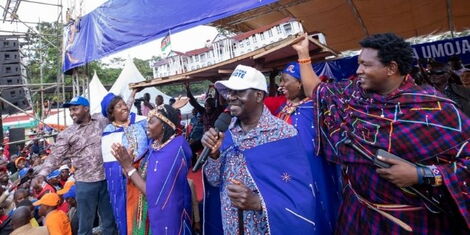 Azimio la Umoja leaders display a model of the State House during a rally at the Ole Ntimama Stadium on Sunday, May 22, 2022..jpg