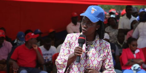Azimio running mate Martha Karua addressing supporters during a rally in Laikipia County on Wednesday, June 22, 2022.