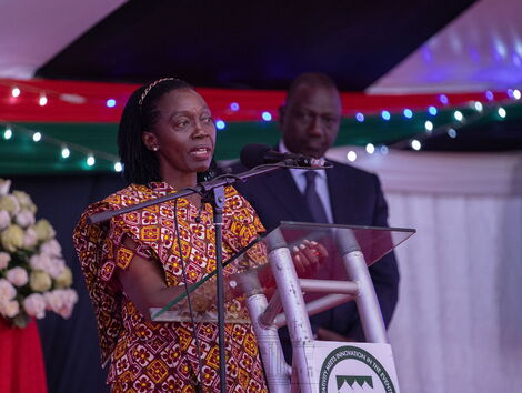 Azimio One Kenya running mate Martha Karua addresses the gathering as DP William Ruto watches at the National Prayer breakfast on Thursday,May 26, 2022